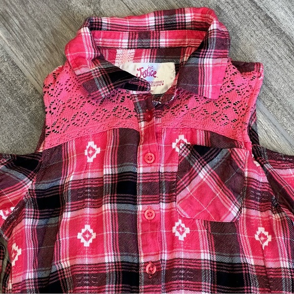 Justice Cold Shoulder Top Girl's Pink Plaid Lace Accents Long Sleeve Size 10 - Picture 3 of 6